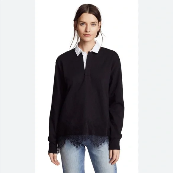 Rag & Bone Rugby Lace Polo Shirt Women’s S Black Edgy Chic Dark Academia - Picture 1 of 8